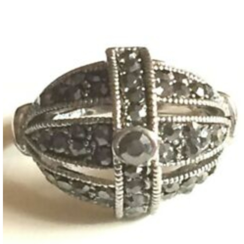 Silver Art Deco Dome Cocktail Ring Size 5 6 7 8 Rhodium Plated Marcasite Crystal